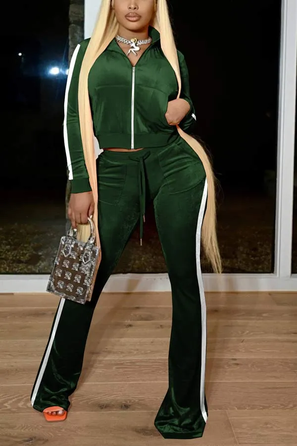 Fashion Velvet Crop Jackets Flare Trousers Set