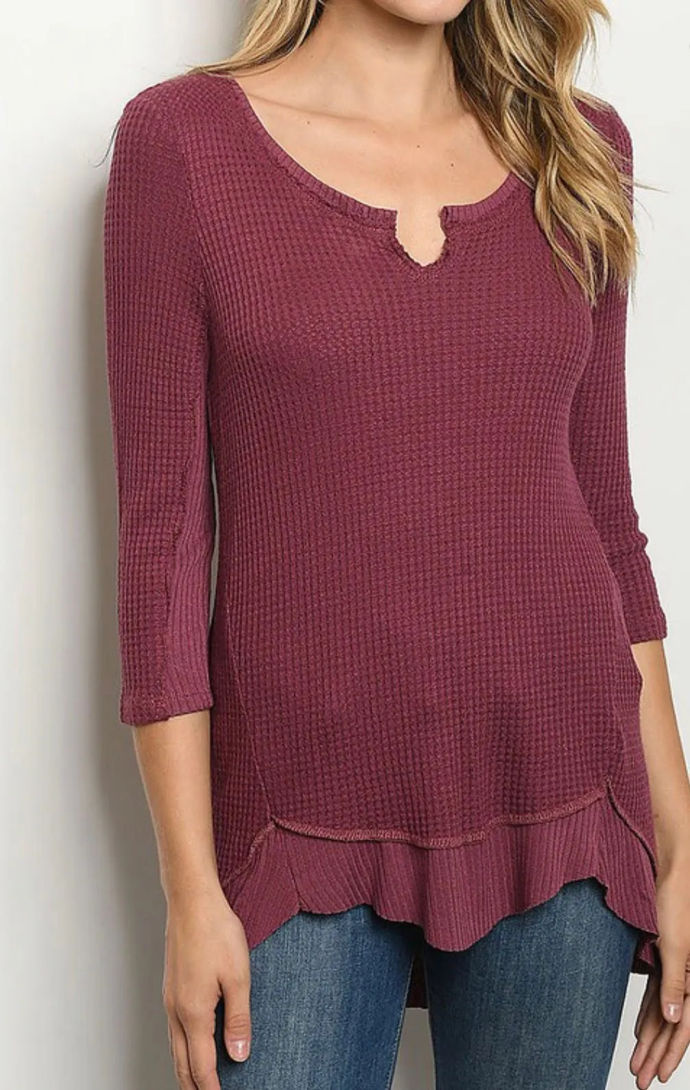 Wine Thermal Rib Tunic Top